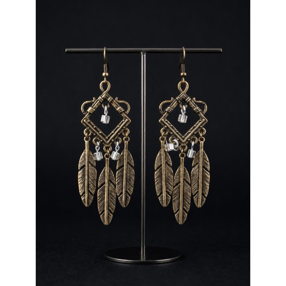 Boho Antique Gold Tone Feather Chandelier Earrings Hippie Style Bead Dangles - Picture 1 of 5